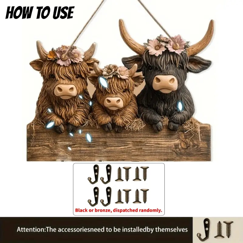 🐮 Rustic Highland Cow Wooden Family Key Holder Hanging Ornament with 4 Hooks