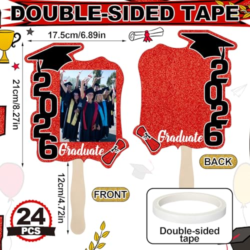 24 Pack Class of 2026 Graduation Fans with Handle Double Sided Grad Photo Props for Keepsake Gifts Graduation Party Supplies