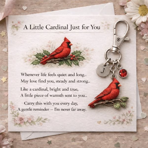🔥Last Day 50% OFF - A Little Cardinal for You Keychain with Hand-Painted Watercolor Encouragement Card👼🎁