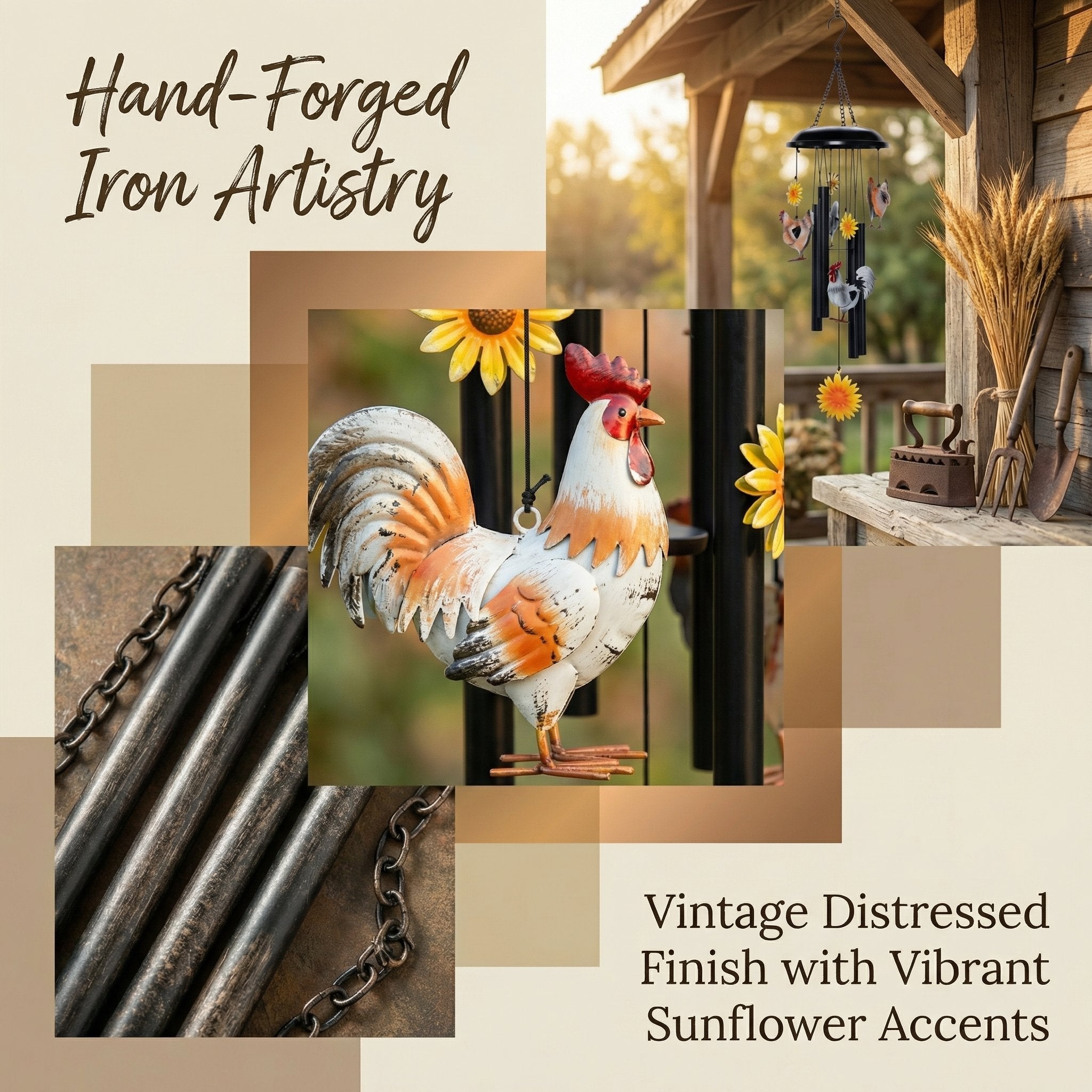 🔥Last Day 50% OFF - 🌻Vintage Metal Chicken Wind Chime with Sunflower🐔