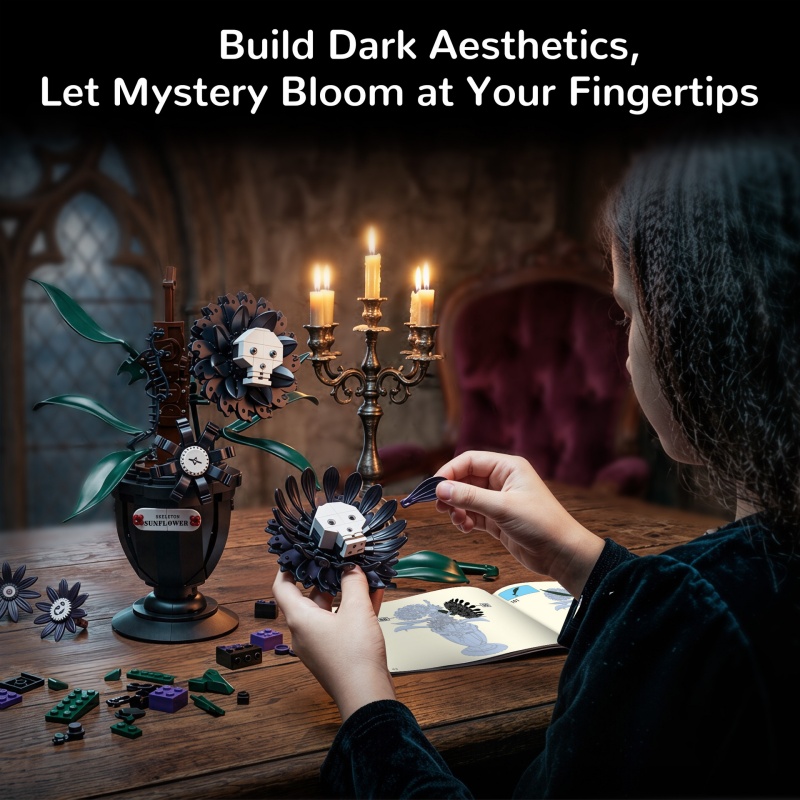 Dark-themed glow-in-the-dark skull flower pot building block set