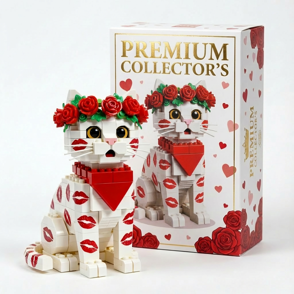 💋 Rose Kiss Cat Brick Figure - A Bold Little Symbol of Love & Playful Romance