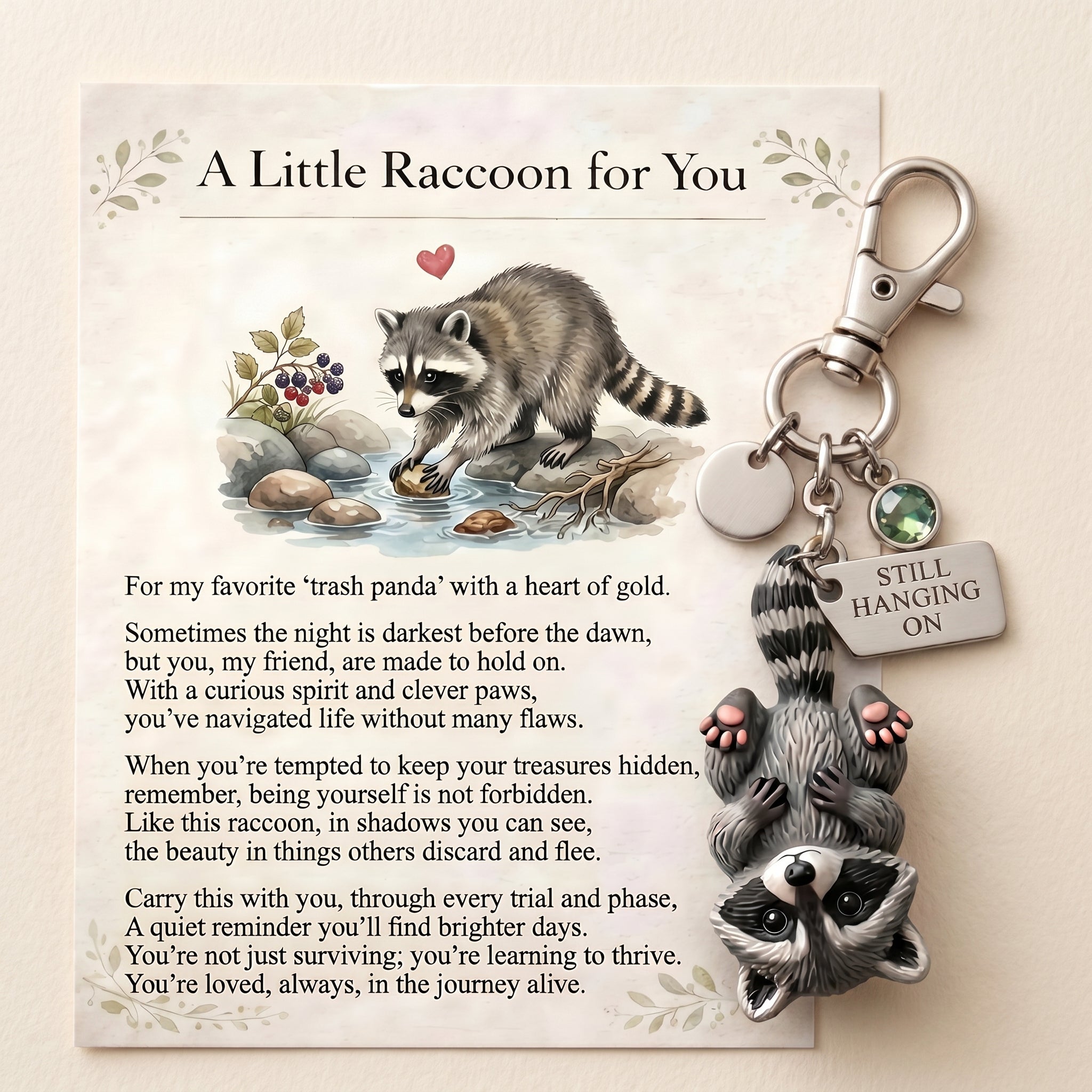 🦝 "Still Hanging On" Trash Panda Keychain & Keepsake Card Set | The Perfect Encouragement Gift 💖