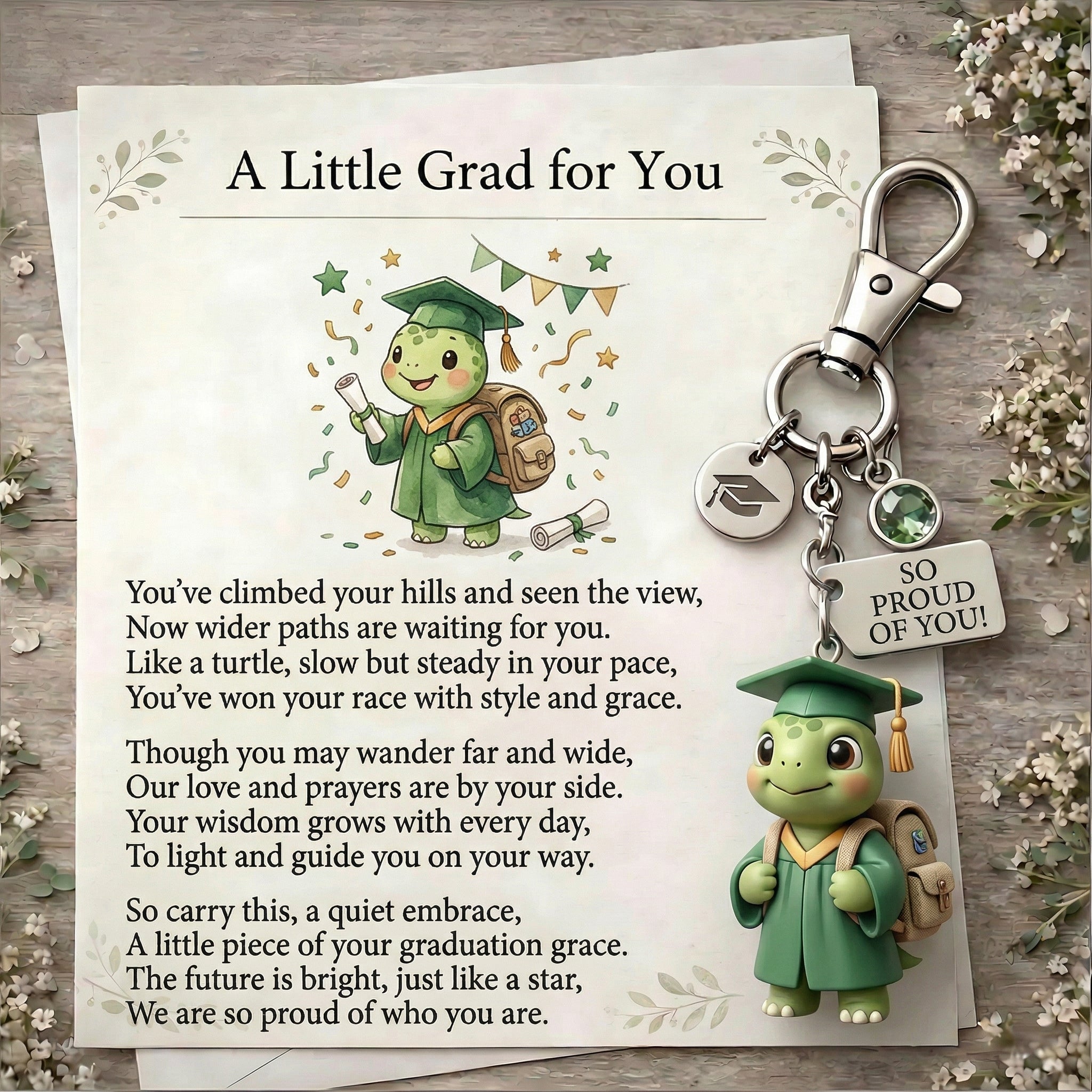 "Slow, Steady & So Proud!" 🐢 The Little Turtle Graduate Keychain & Keepsake Poem Card Set 🎓