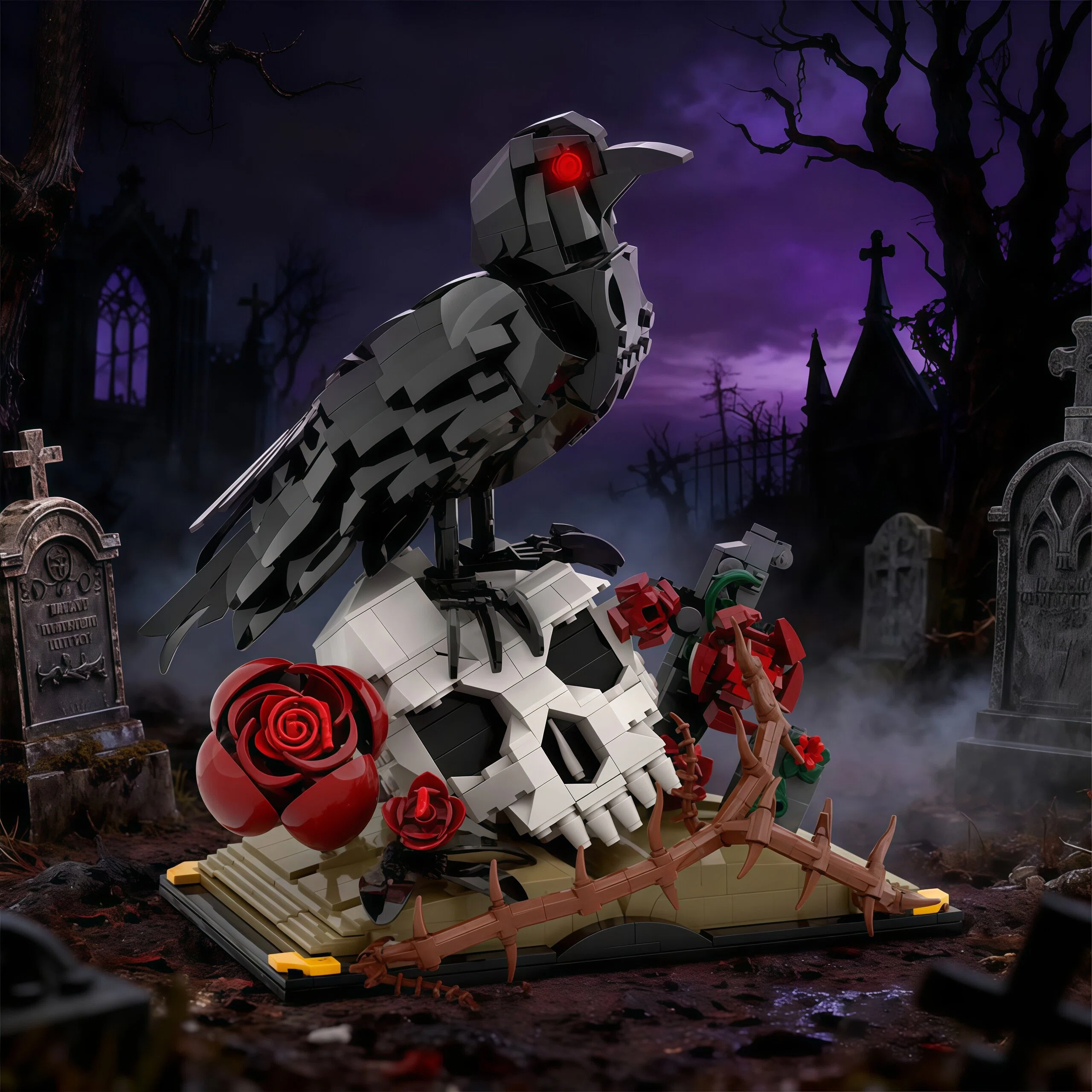 The Corvid’s Rest: Skull & Thorned Roses – Gothic Building Block Diorama