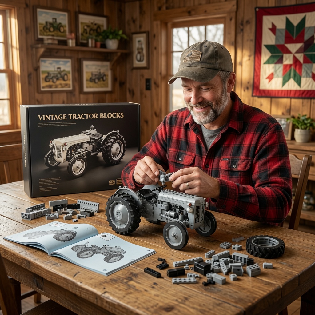Classic Farm Tractor Building Block Set – 1950s Grey Field Edition