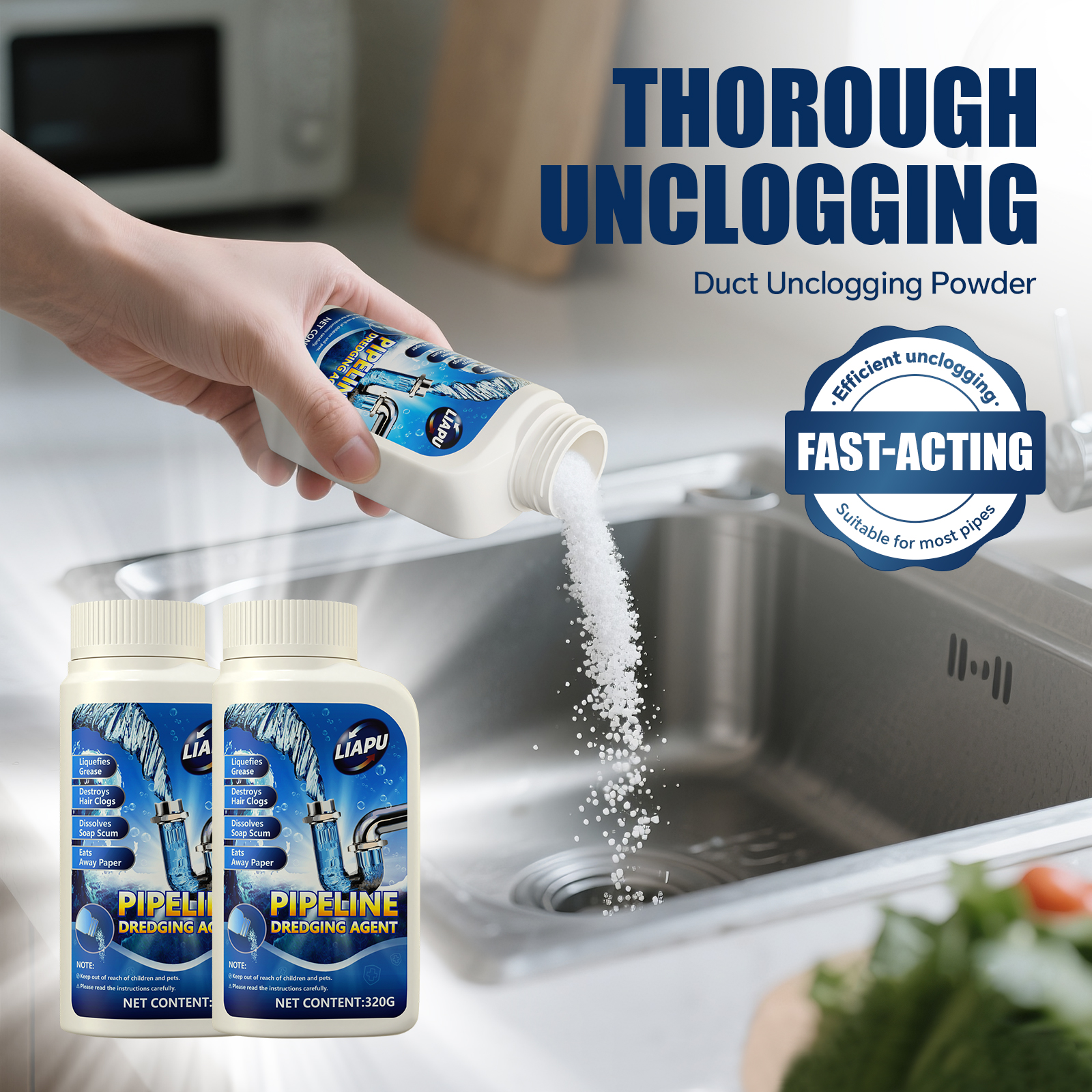 Liapu Powerful Pipe Dredging Agent for Kitchen & Toilet Pipelines Dissolves 200+ Blockages Kills 99% Bacteria Heavy Duty Cleaner Drain Opener