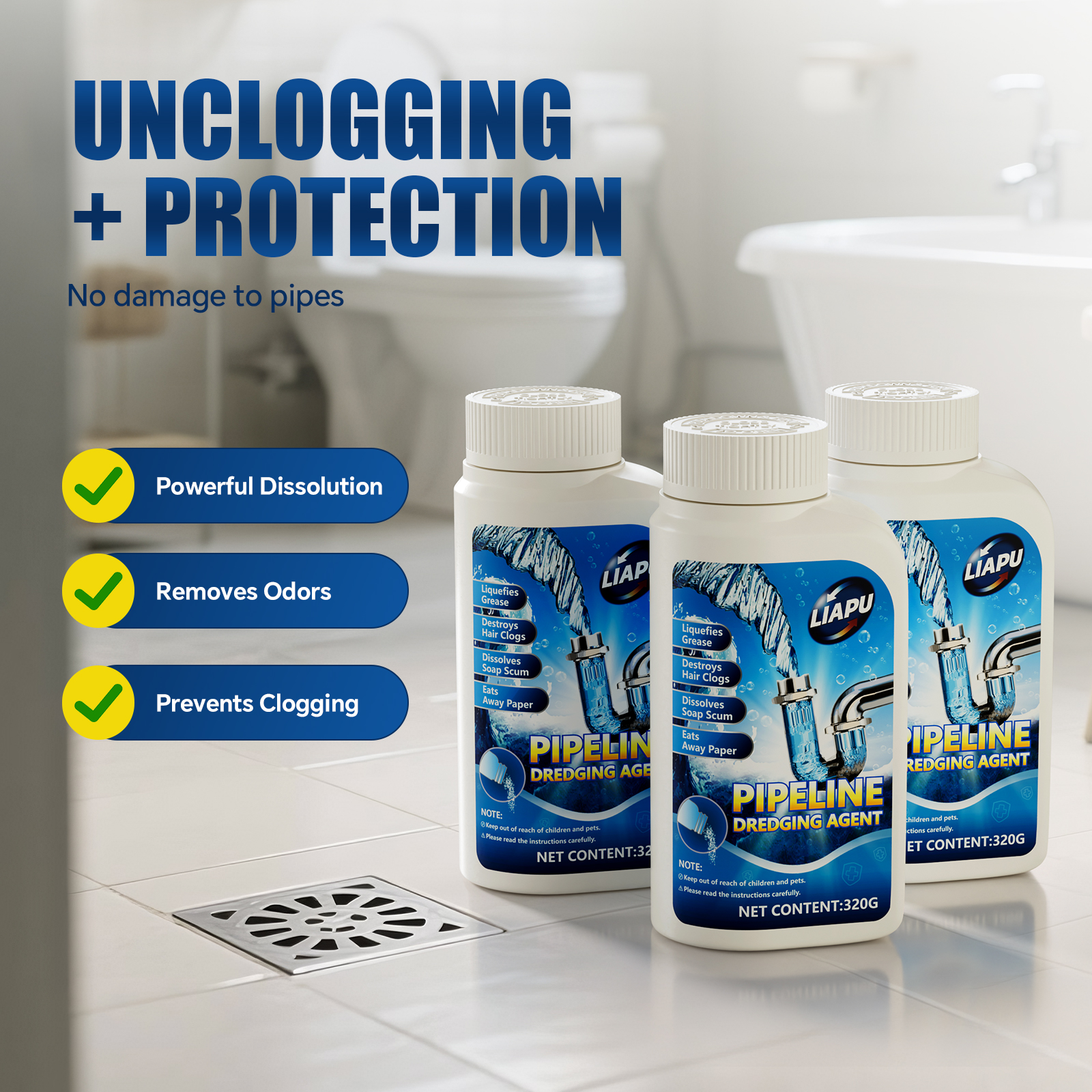 Liapu Powerful Pipe Dredging Agent for Kitchen & Toilet Pipelines Dissolves 200+ Blockages Kills 99% Bacteria Heavy Duty Cleaner Drain Opener