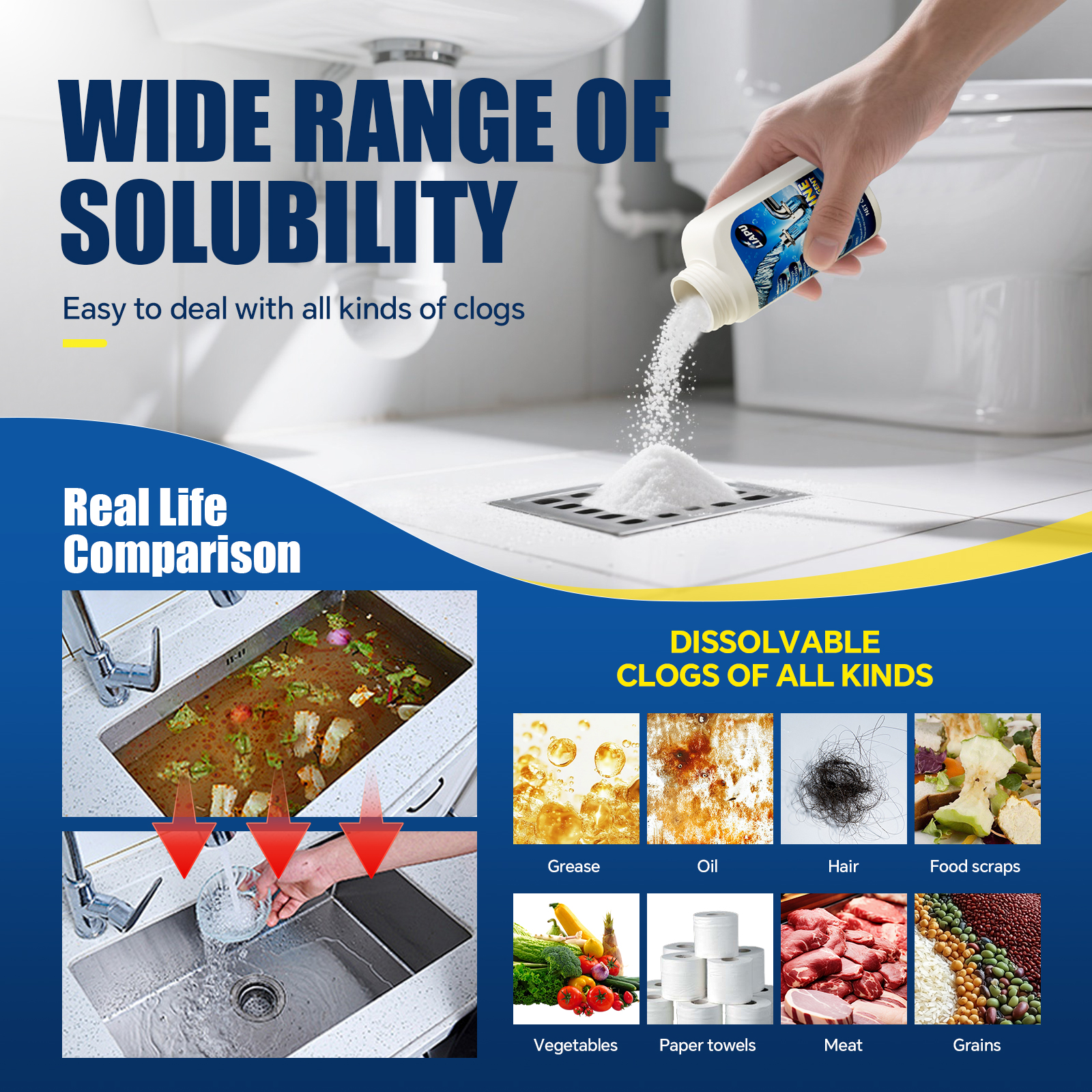Liapu Powerful Pipe Dredging Agent for Kitchen & Toilet Pipelines Dissolves 200+ Blockages Kills 99% Bacteria Heavy Duty Cleaner Drain Opener