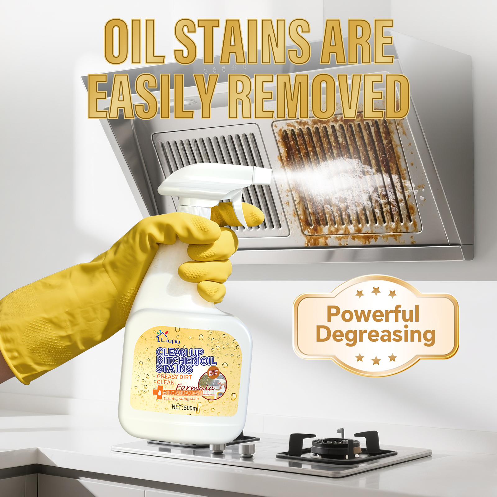 Liapu Multipurpose Grease Remover 500ML Spray for Kitchen Stove Tops Range Hoods Safe Daily Use Liquid Cleaner with Lemon Scent - Household