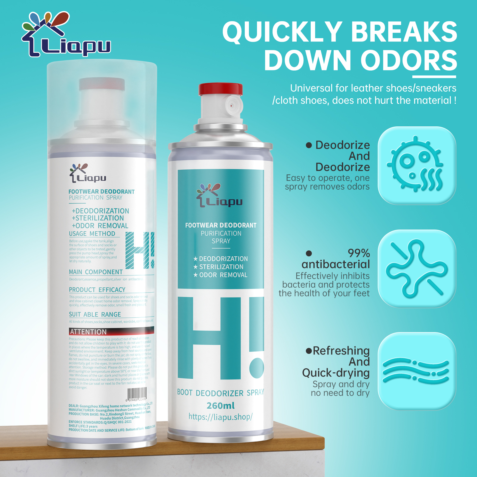 Liapu Footwear Deodorant 260ml Shoe & Sock Purification Spray Anti-Odor Antibacterial for Freshness Hygiene Bedroom Use