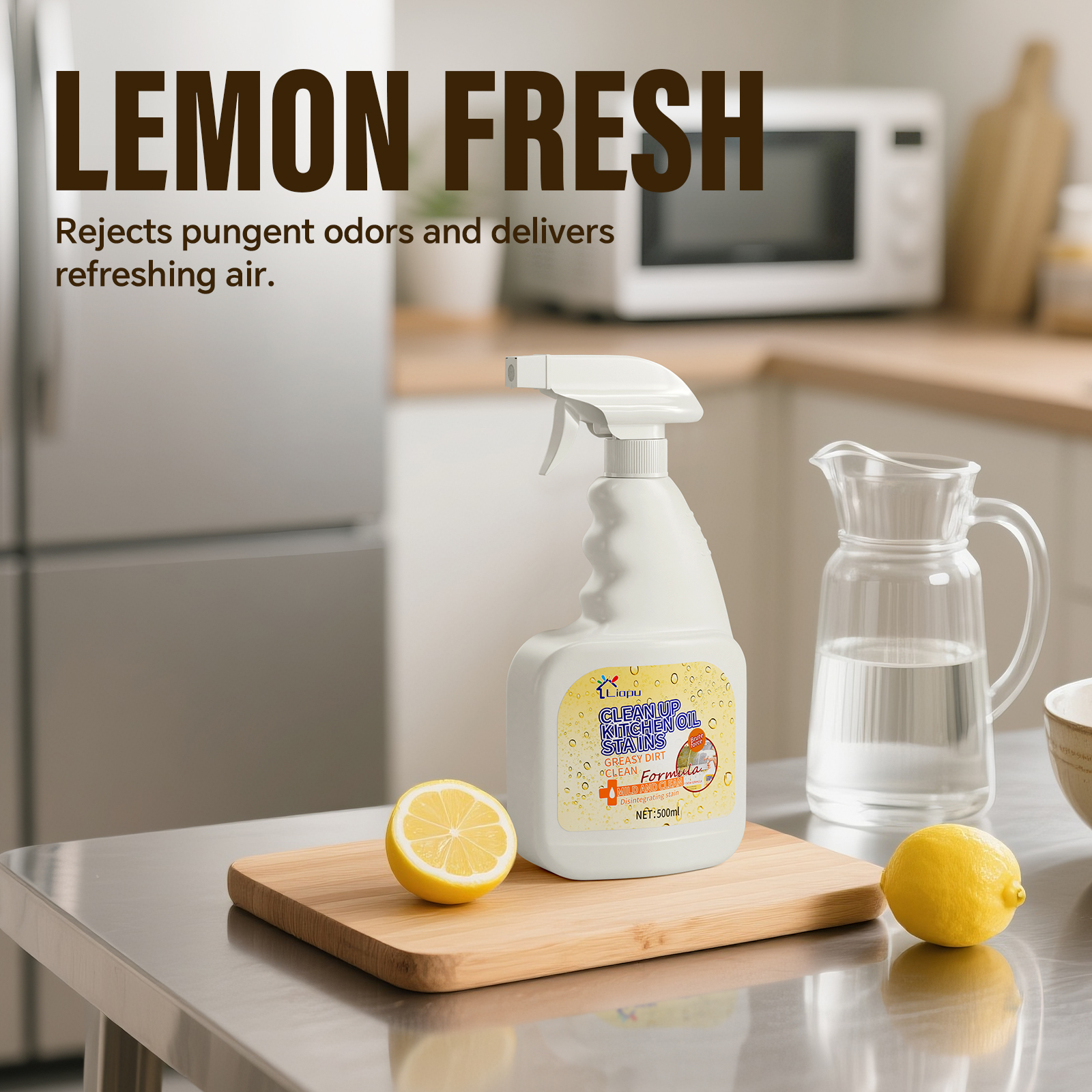 Liapu Multipurpose Grease Remover 500ML Spray for Kitchen Stove Tops Range Hoods Safe Daily Use Liquid Cleaner with Lemon Scent - Household