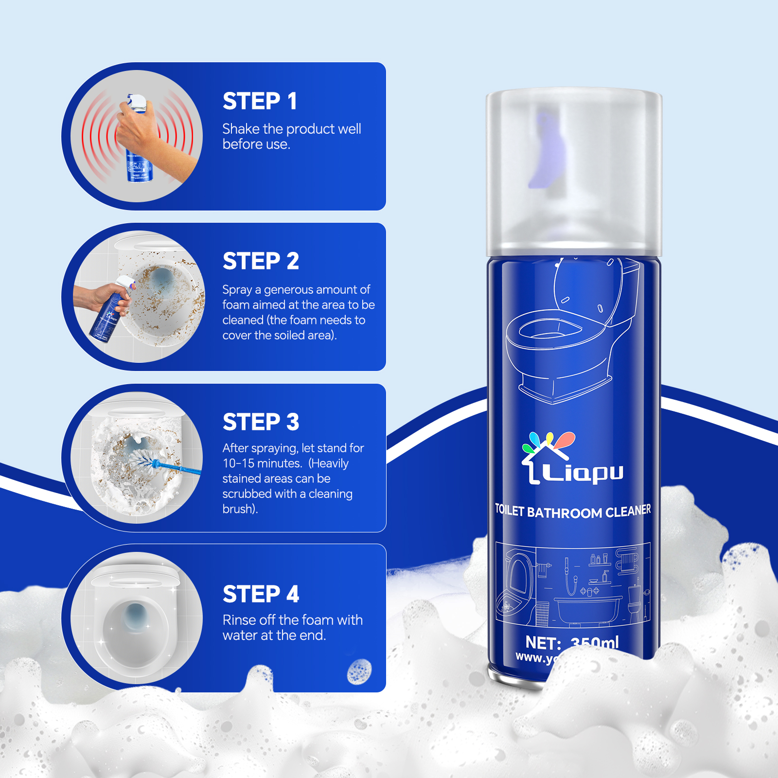 Liapu Multi-Purpose Toilet Bowl Cleaner - Foam Formula, Eliminates Germs, Quick 30-Second Cleaning, Effective Stain Removal, Ideal for Home & Outdoor Use