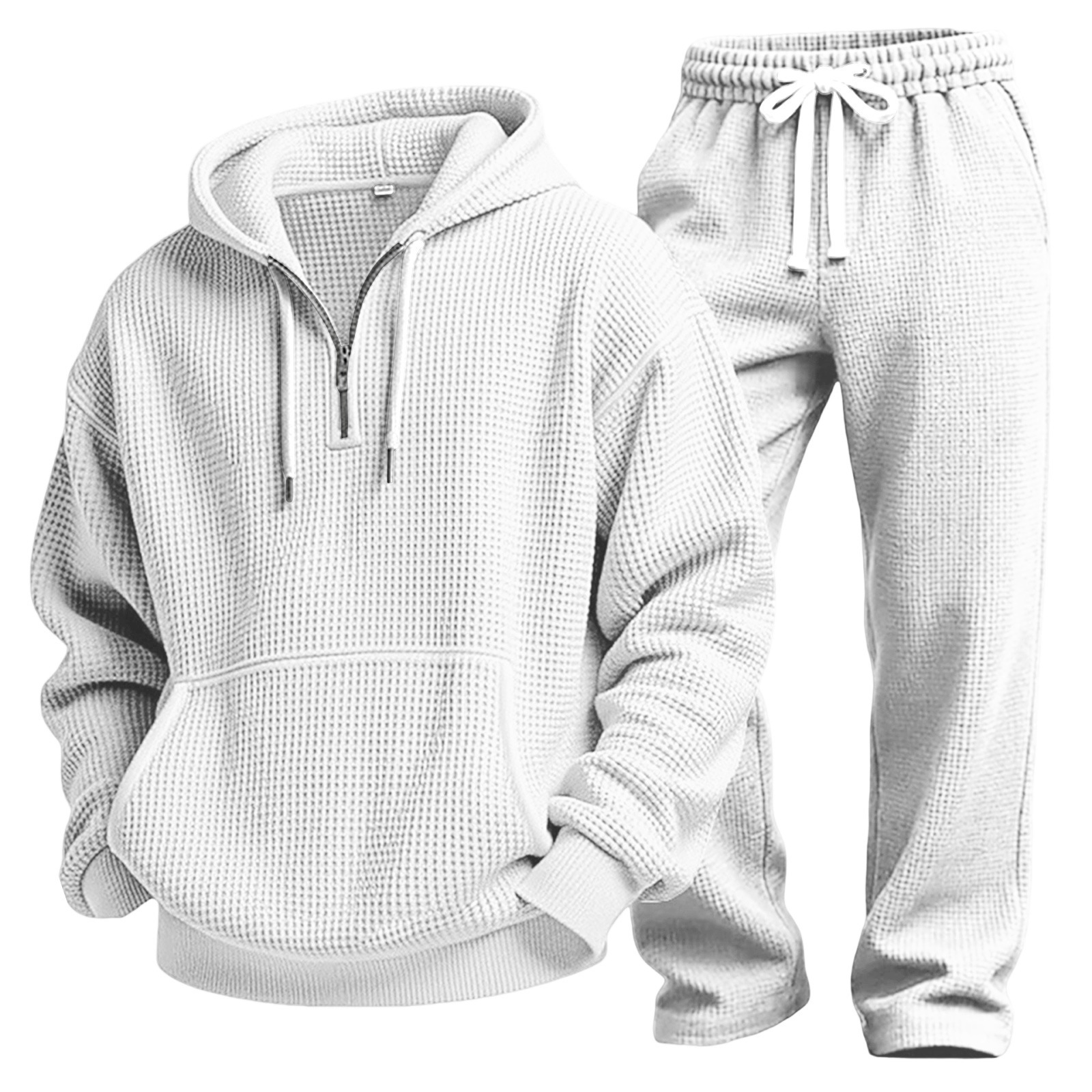 Men's Autumn And Winter Waffle Texture Zipper Hooded Sweatshirt Straight Pants Casual Set