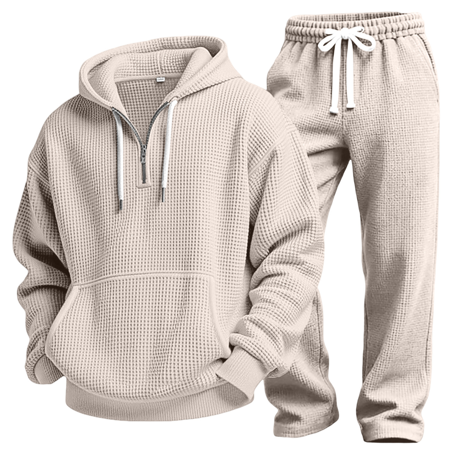 Men's Autumn And Winter Waffle Texture Zipper Hooded Sweatshirt Straight Pants Casual Set