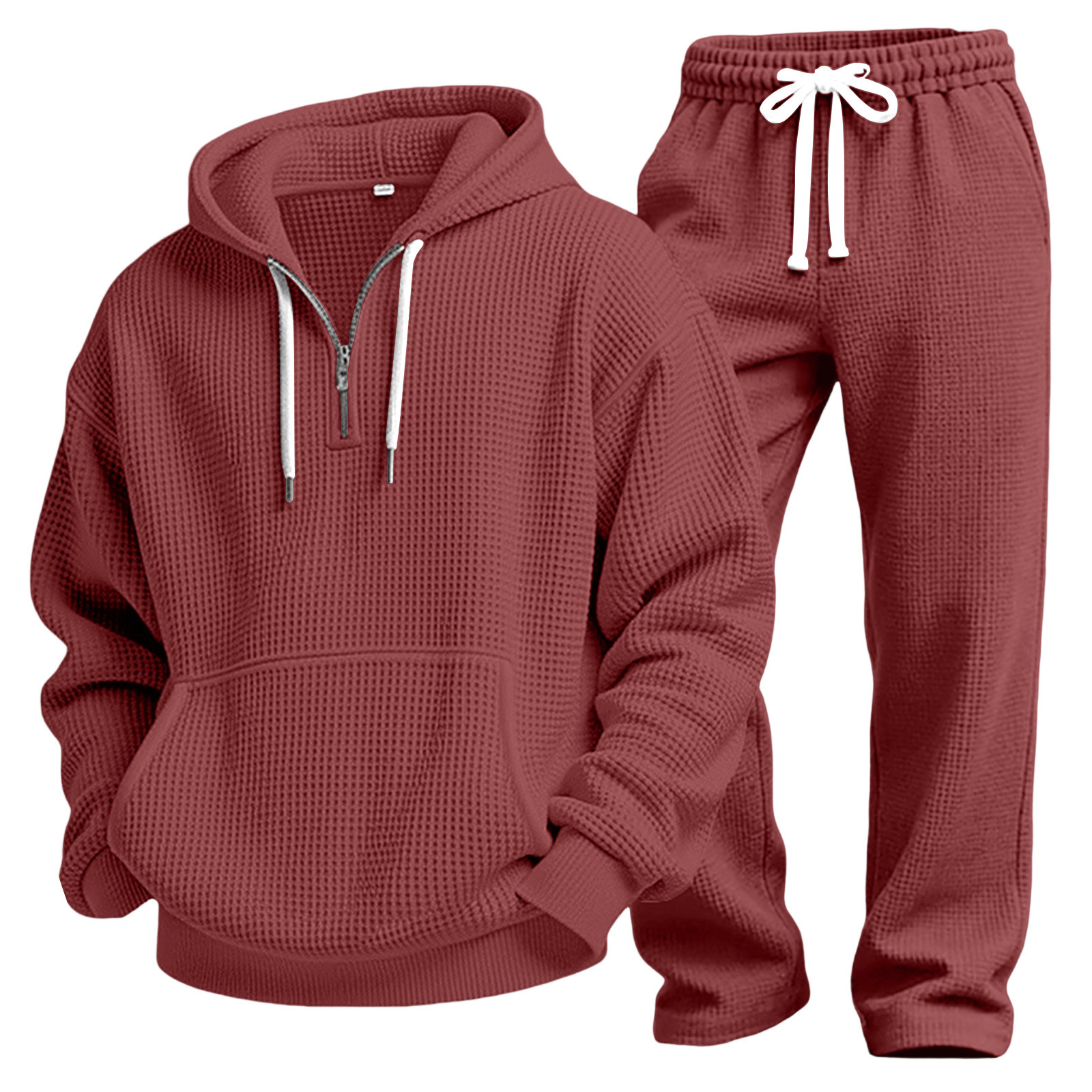Men's Autumn And Winter Waffle Texture Zipper Hooded Sweatshirt Straight Pants Casual Set