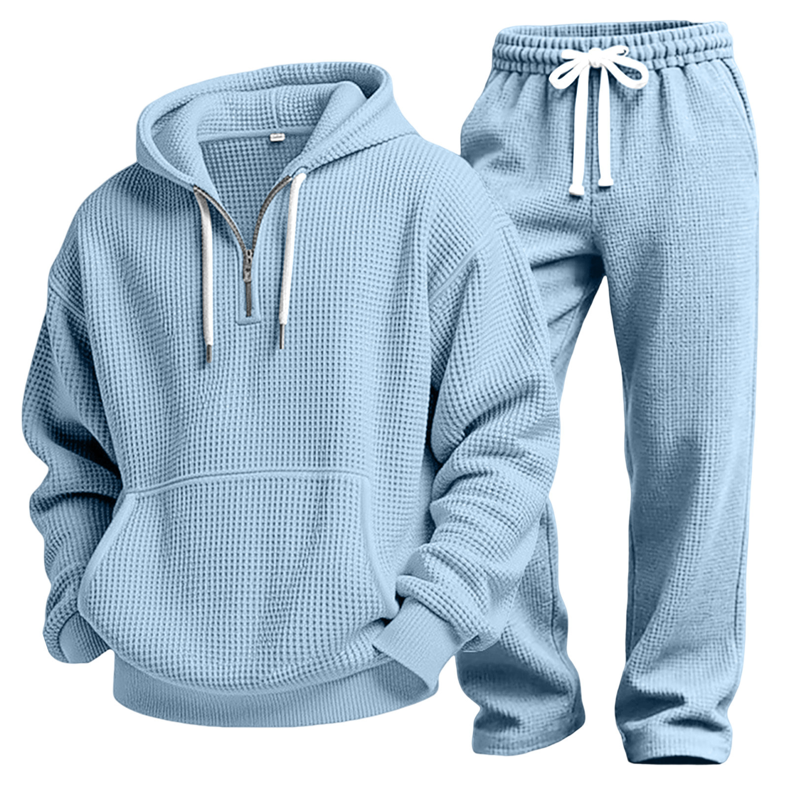 Men's Autumn And Winter Waffle Texture Zipper Hooded Sweatshirt Straight Pants Casual Set
