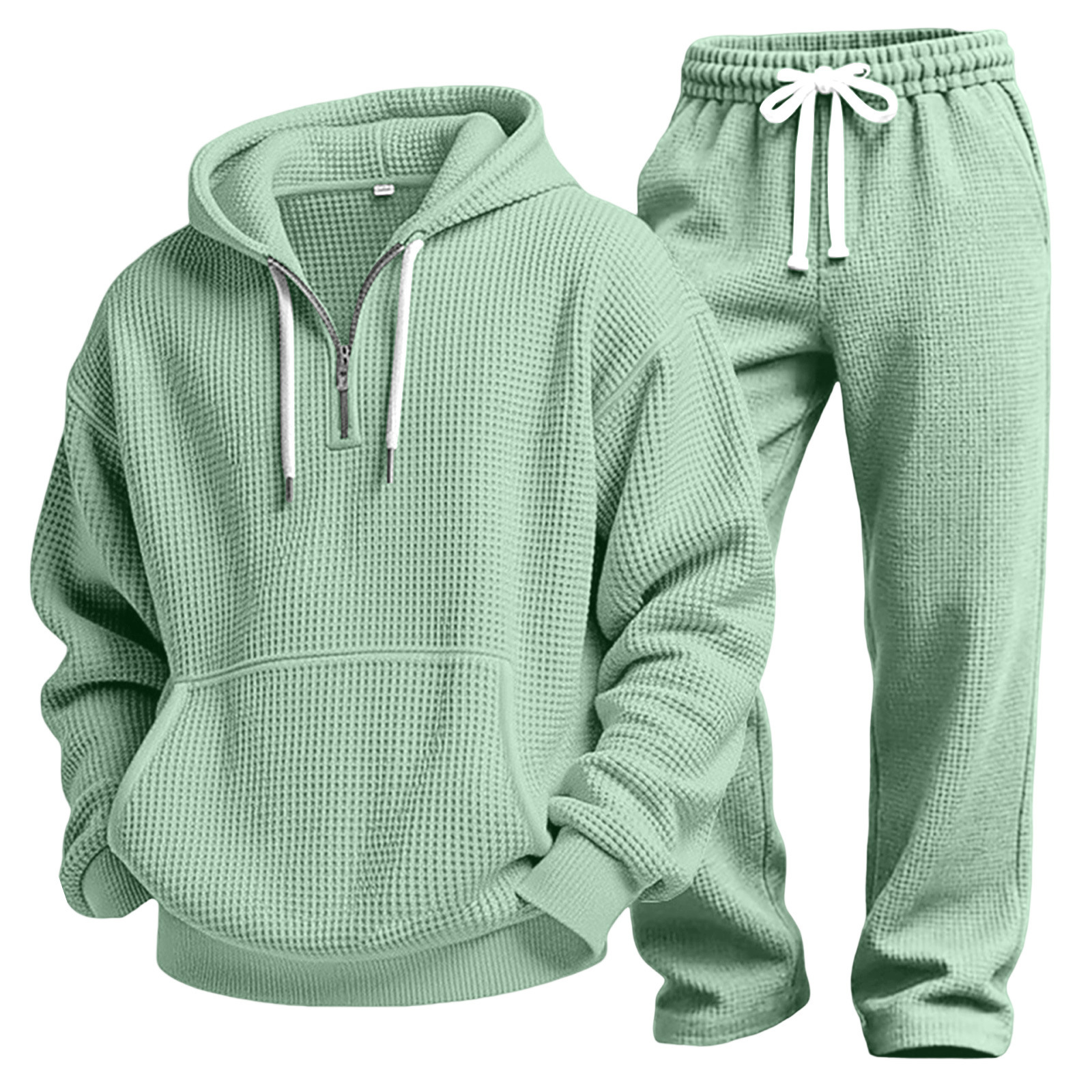 Men's Autumn And Winter Waffle Texture Zipper Hooded Sweatshirt Straight Pants Casual Set
