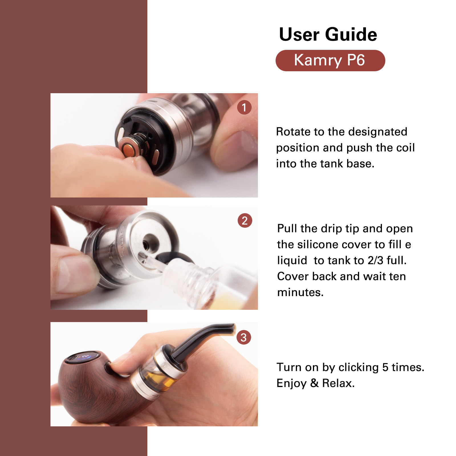 Kamry P6 Classical E Pipe, Rechargeable 1400mah, E Cigarette Starter Kit Airflow Adjustable, Refillable Atomizer Tank with Micro USB Charger, E Pipes Vapor Gift Package