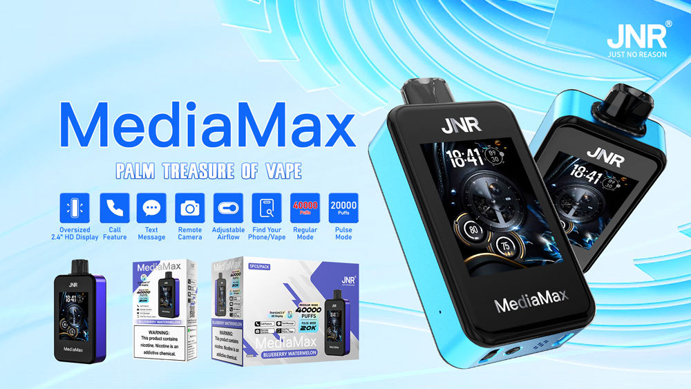 MediaMax vape device with 2.4" HD display, call and text features, remote camera, adjustable airflow, and 40,000 puffs capacity. Image shows packaging and device.