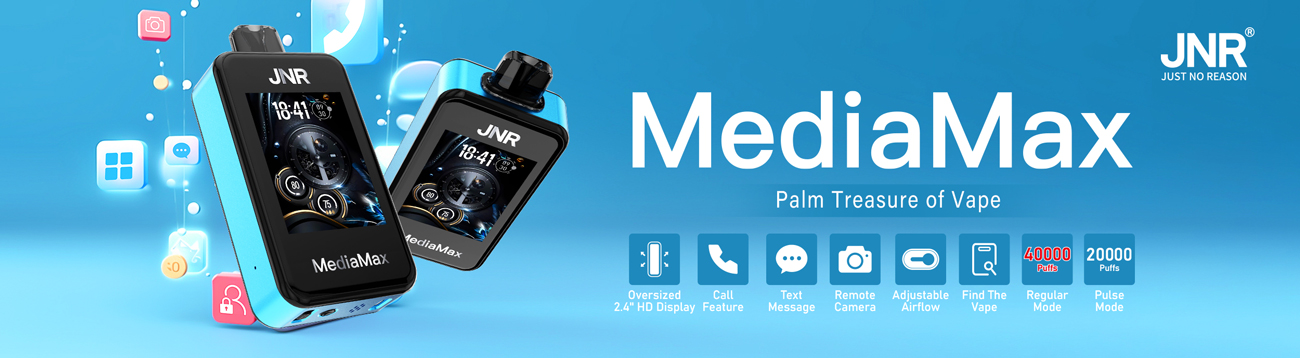 "MediaMax vape device by JNR with 2.4-inch HD display, call feature, text messaging, remote camera, adjustable airflow, find my vape function, regular and pulse modes, offering up to 40,000 puffs."