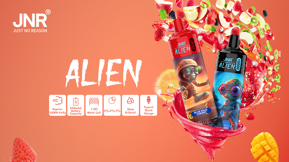Promotional image for JNR Alien disposable vape devices featuring two designs, "Blue Razz Cherry" and "Strawberry," with 10,000 puffs, 850mAh battery capacity, 20ml e-liquid, 1.2Ω mesh coil, and Type-C quick charge, surrounded by vibrant fruit graphics on an orange background.