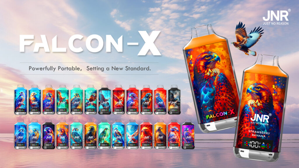 Falcon-X electronic devices with vibrant falcon artwork, displaying a variety of models against a scenic sky background.
