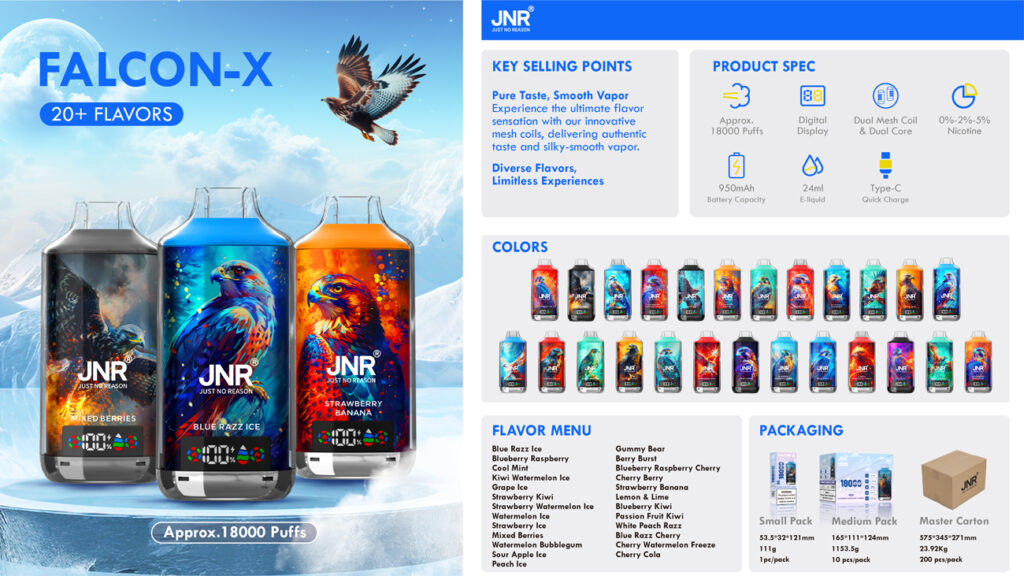 Three large vape devices labeled "JNR Just No Reason" with falcon artwork, in flavors Mixed Berries, Blue Razz Ice, and Strawberry Banana. Text highlights include "Falcon-X," "20+ Flavors," and key selling points like smooth vapor and mesh coils. Product specifications, color options, flavor menu, and packaging details are provided.