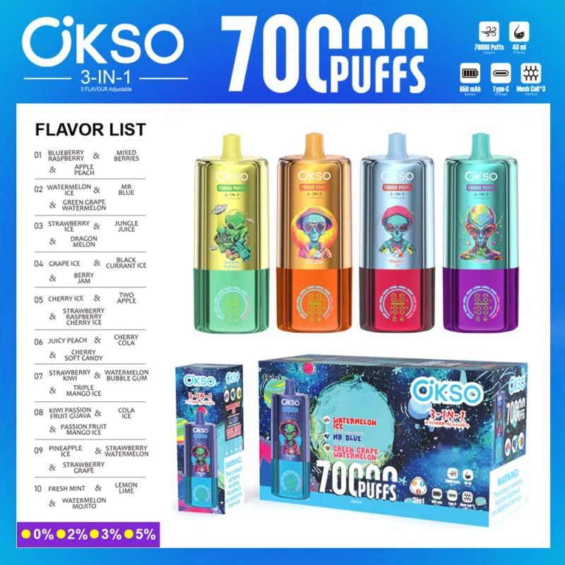 OKSO 70K  70000 Puffs  The Ultimate 3 in 1 Disposable Vape  10 Flavors 