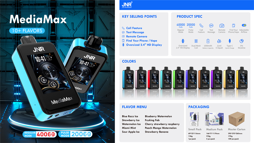 MediaMax vape device with a 2.4" HD display and 10+ flavor options. Key features include 40,000 puffs, call and text functionality, remote camera, find device, and adjustable airflow. Comes in multiple colors with 21mL e-liquid and 5% nicotine. Includes flavor menu and packaging options.