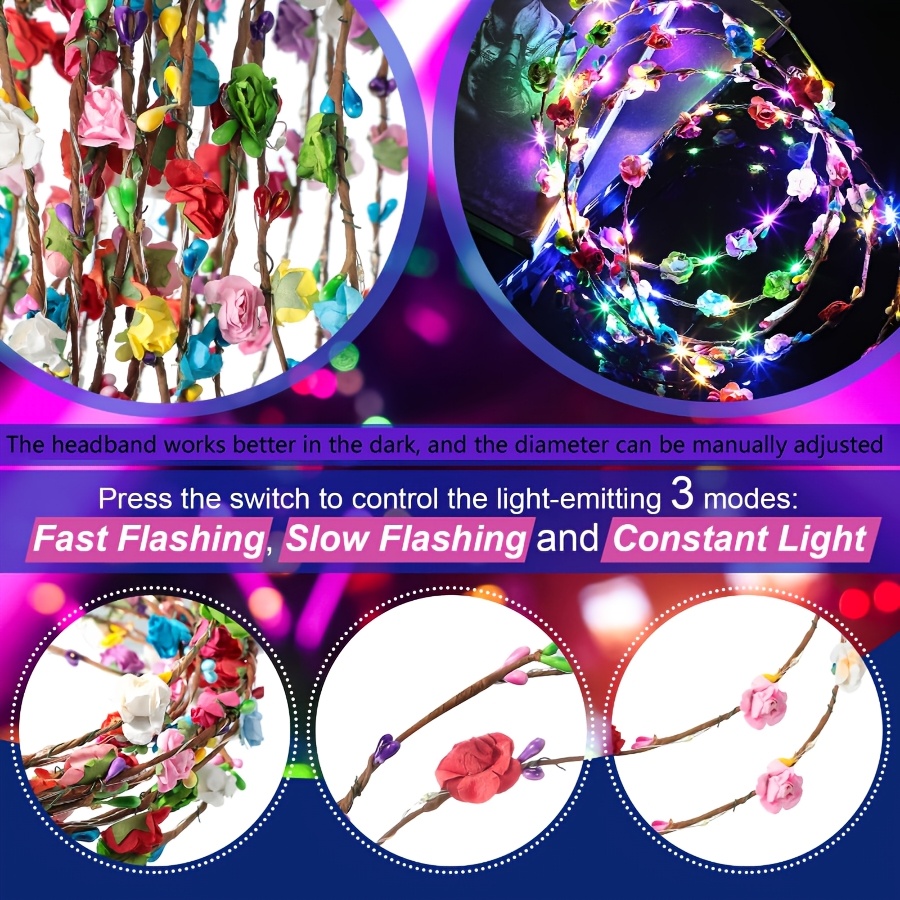 LED Light-Up Flower Garland Headband Set — Fiber-optic light-up headwear designed specifically for women
