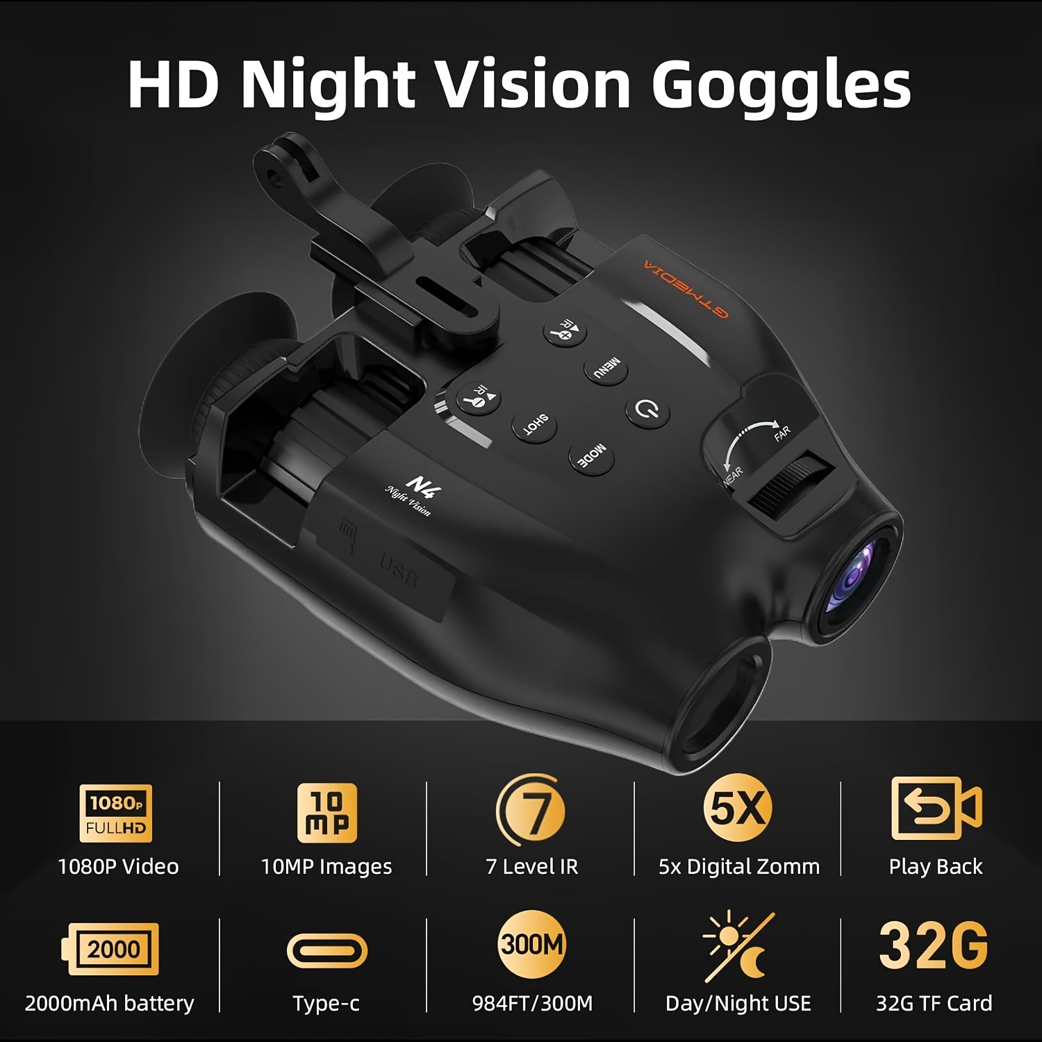 GTMEDIA Night Vision Goggles, Equipped with Infrared Technology, Feature an HD Display And Can Store Photos And Videos on a 32GB TF Card, Making Them Ideal for Outdoor Hunting And Travel