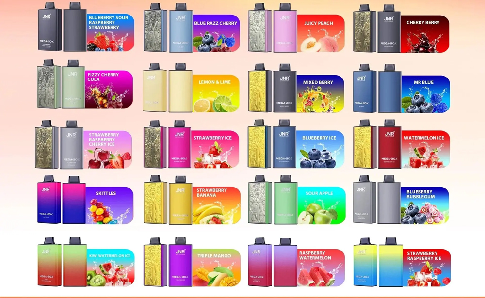 A display of various vape devices in multiple designs and colors, each paired with matching labels showcasing diverse fruit and sweet flavor options in vibrant graphics.