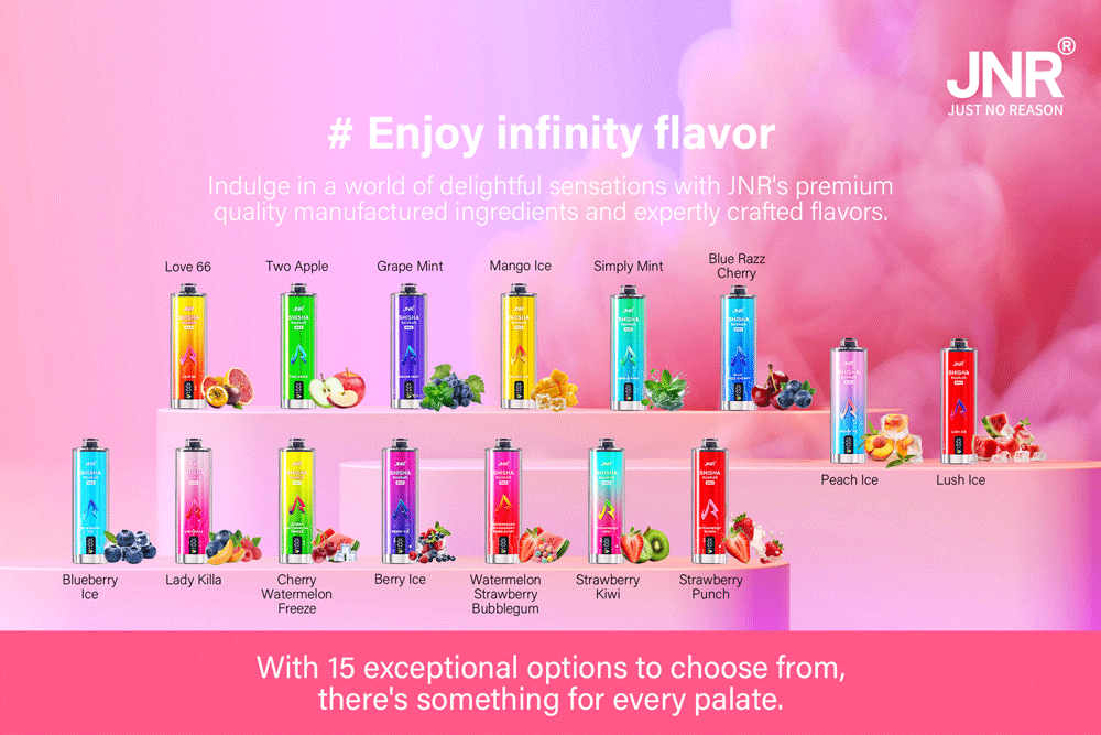Image of JNR vape products with various fruit flavors against a pink background. Products include Love 66, Two Apple, Grape Mint, and more. Text highlights "Enjoy infinity flavor" and mentions 15 flavor options.