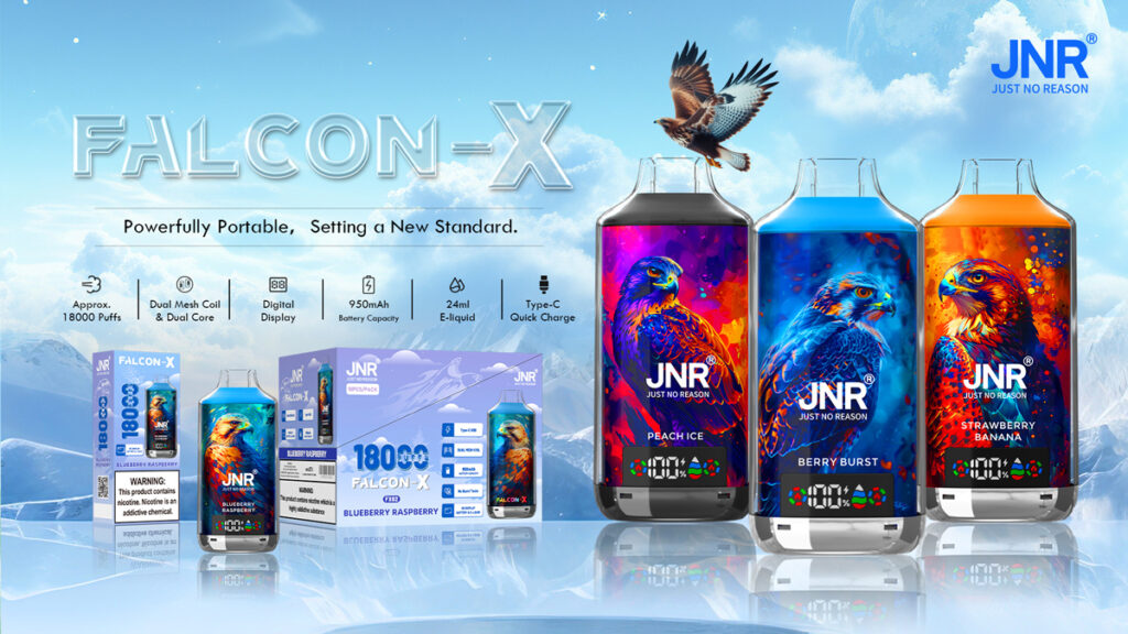 Advertisement for JNR Falcon-X vape, featuring colorful vape bottles with falcon designs and product details such as 18,000 puffs, 950mAh battery, and 24ml e-liquid capacity.