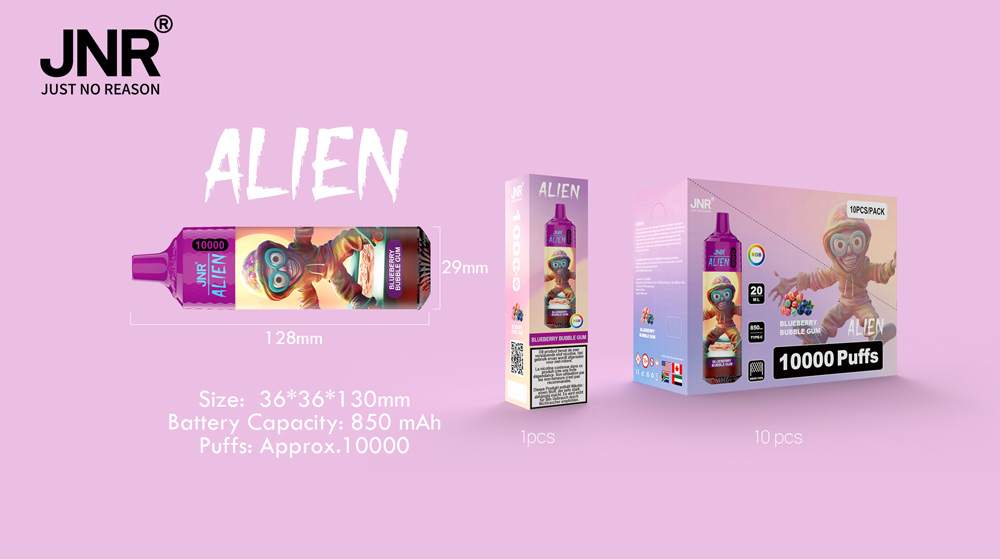 JNR Alien vaping device in blueberry bubble gum flavor, featuring a purple design with an alien graphic, 850mAh battery, 10,000 puffs capacity, and packaging options for single or 10-piece packs.