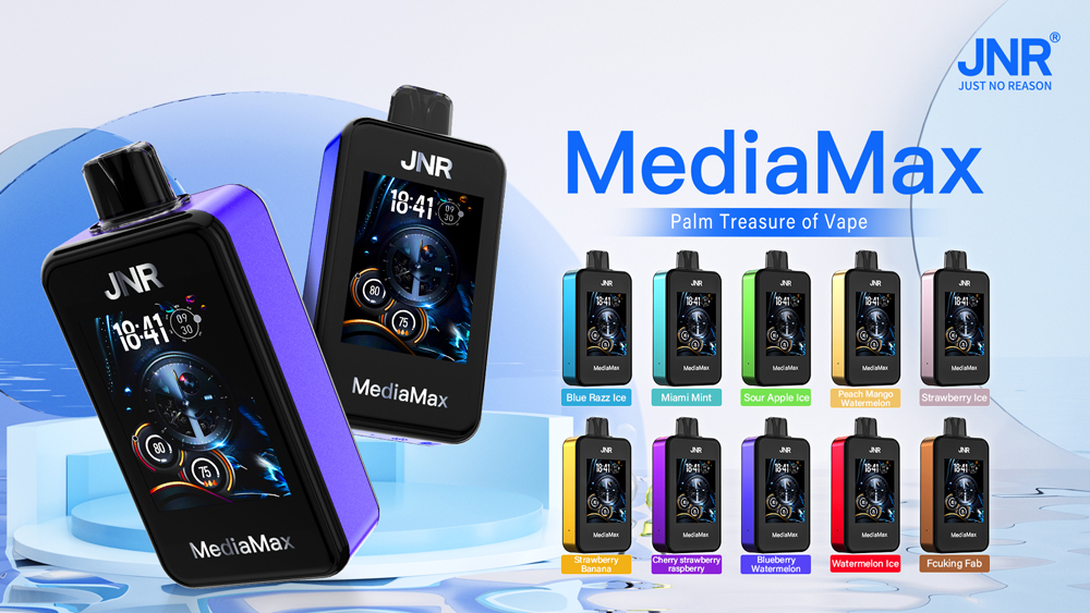 "MediaMax vape devices by JNR in various colors and flavors including Blue Razz Ice, Miami Mint, Sour Apple Ice, Peach Mango Watermelon, Strawberry Ice, and more, displayed on a promotional background."