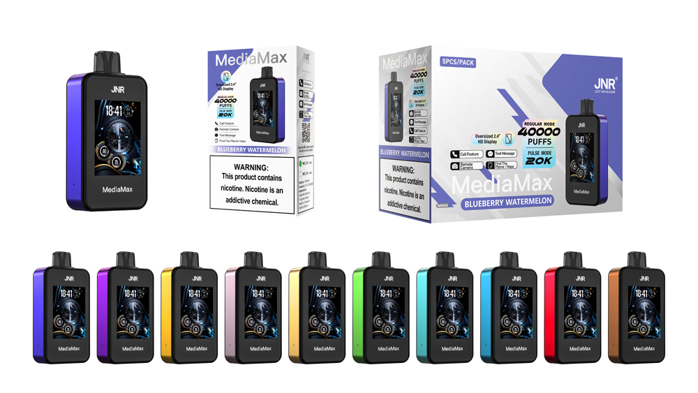 A collection of JNR MediaMax vaping devices in various colors, featuring a 2.4" HD display and options for up to 40,000 puffs. The packaging highlights the Blueberry Watermelon flavor and includes a nicotine warning label.