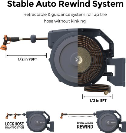 ⏰Giraffe Tools AW30 1/2MB Retractable Garden Hose Reel 1/2" x 100 ft PRO Metal Bracket, Any Length Lock Hose Reel