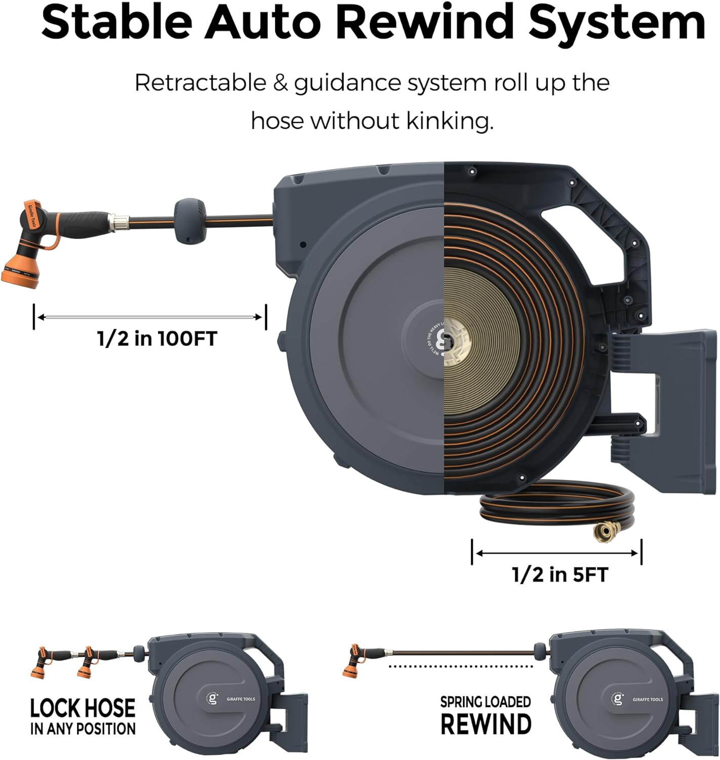 ⏰Giraffe Tools AW30 1/2MB Retractable Garden Hose Reel 1/2" x 100 ft PRO Metal Bracket, Any Length Lock Hose Reel