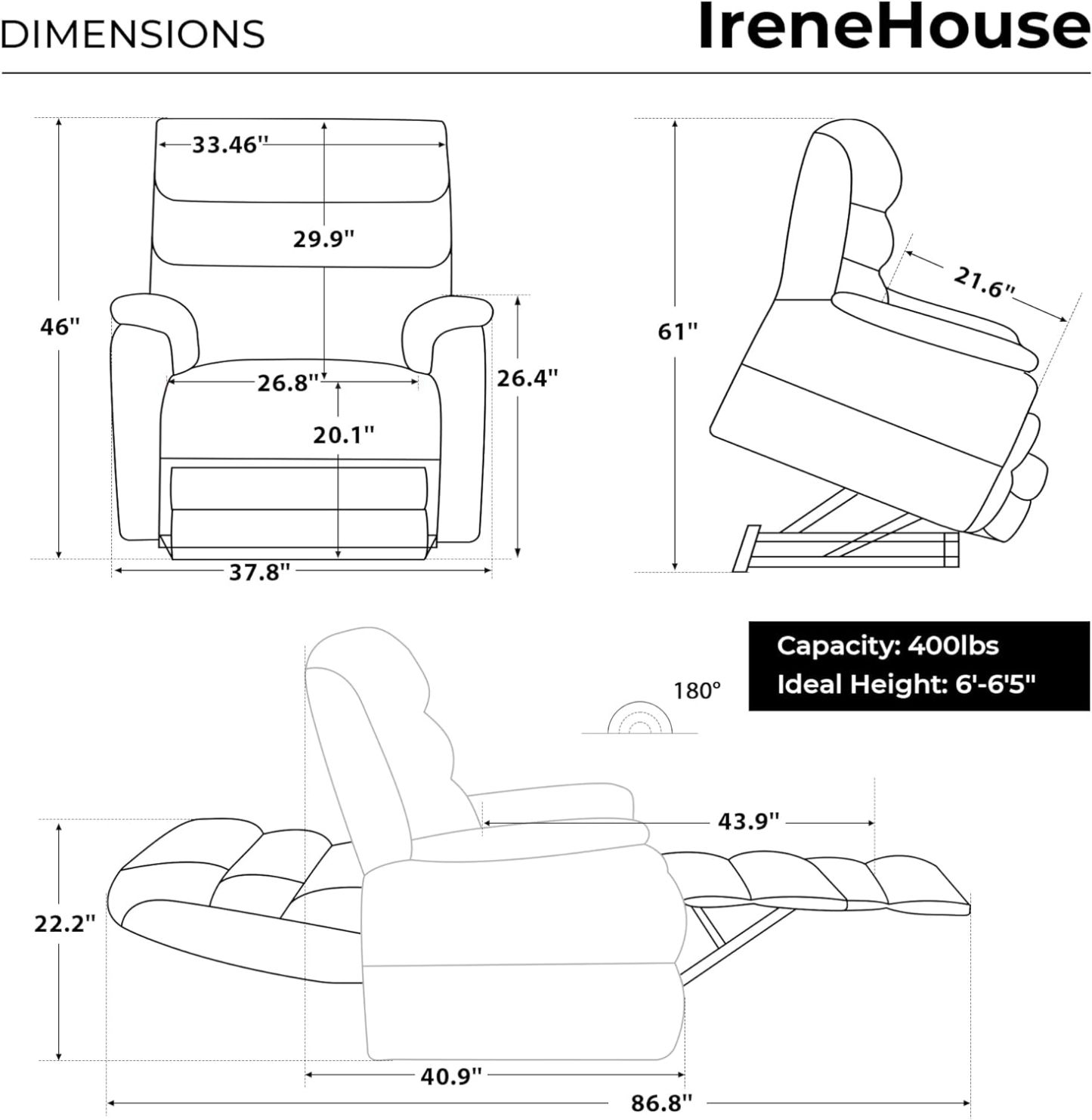 Irene House 9188 Medium Dual Motor Lay Flat Recliner Lift Chair Recliners Infinite Position with Heat Massage for Elderly Up to 300 LBS Electric Power Lift Recliner Chair Sofa