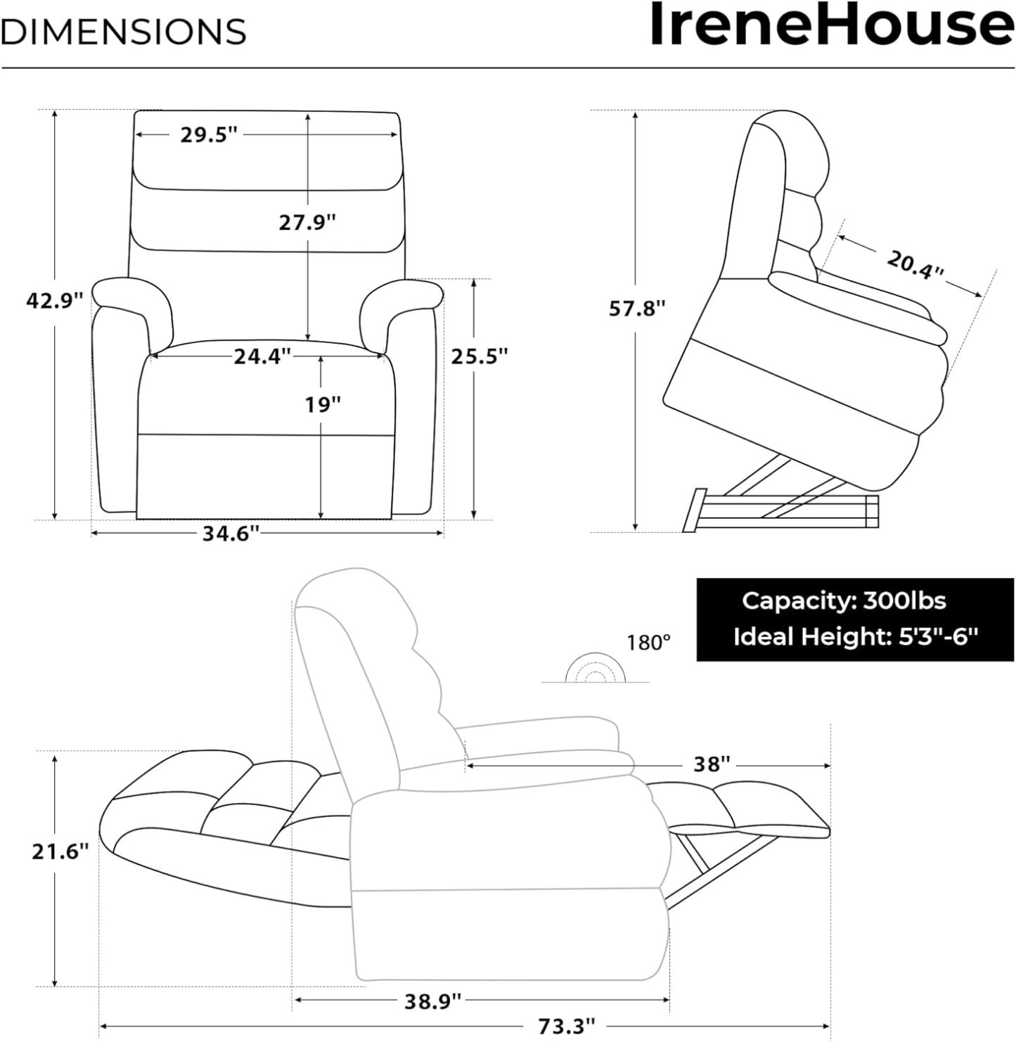 Irene House 9188 Medium Dual Motor Lay Flat Recliner Lift Chair Recliners Infinite Position with Heat Massage for Elderly Up to 300 LBS Electric Power Lift Recliner Chair Sofa