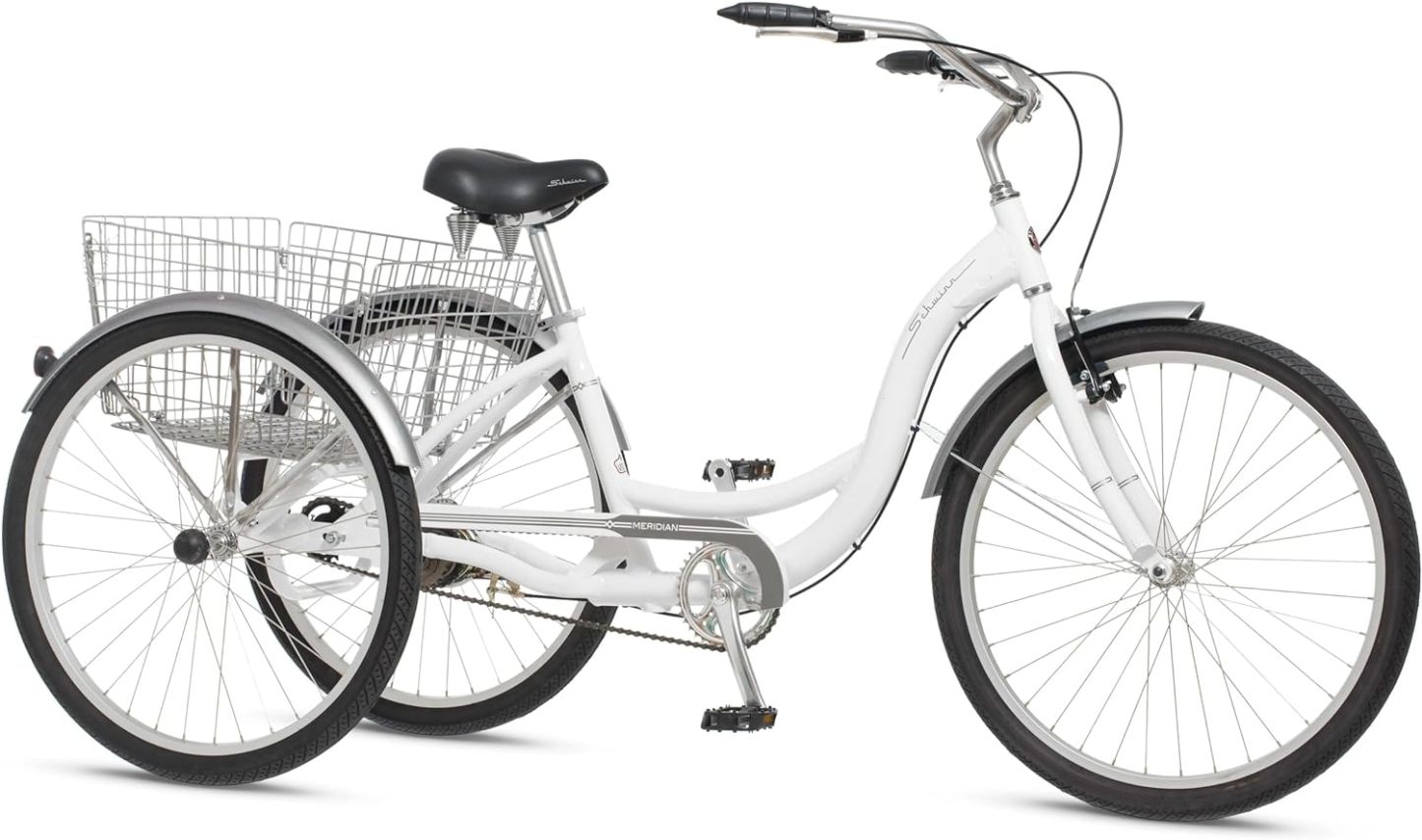 Schwinn Meridian Adult Tricycle Bike, Three Wheel Beach Cruiser, 24 & 26-Inch Wheels, Low Step-Through Aluminum Frame, Adjustable Handlebars, Large Cruiser Seat, Rear Folding Basket