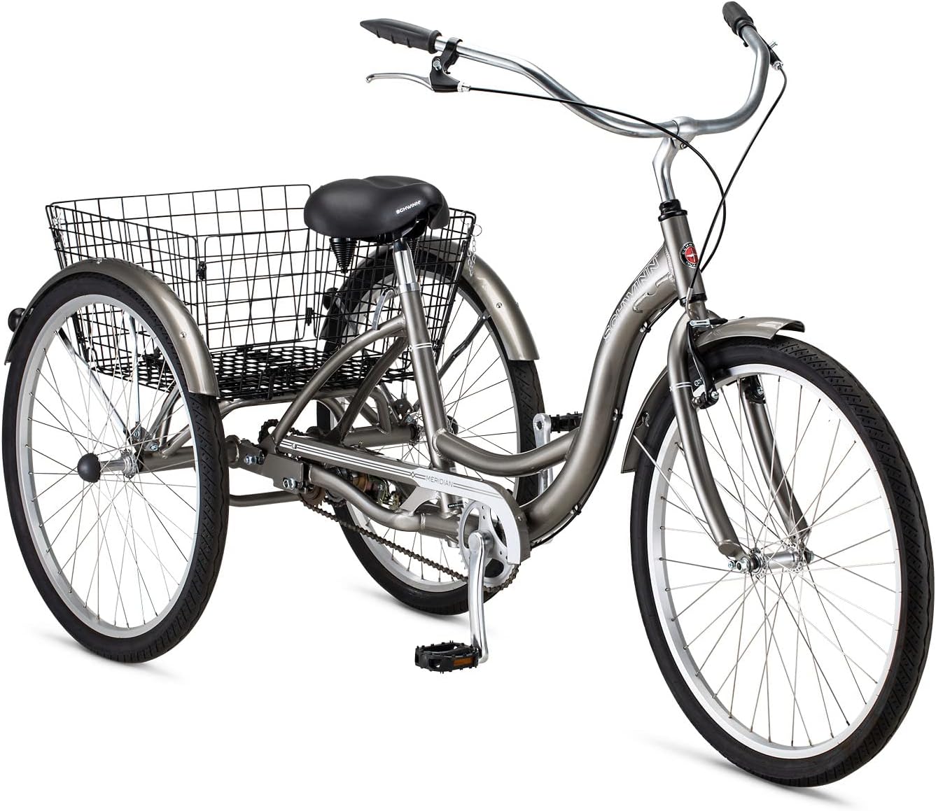 Schwinn Meridian Adult Tricycle Bike, Three Wheel Beach Cruiser, 24 & 26-Inch Wheels, Low Step-Through Aluminum Frame, Adjustable Handlebars, Large Cruiser Seat, Rear Folding Basket