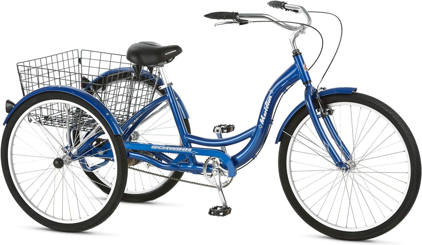 Schwinn Meridian Adult Tricycle Bike, Three Wheel Beach Cruiser, 24 & 26-Inch Wheels, Low Step-Through Aluminum Frame, Adjustable Handlebars, Large Cruiser Seat, Rear Folding Basket