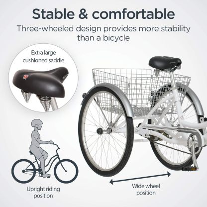 Schwinn Meridian Adult Tricycle Bike, Three Wheel Beach Cruiser, 24 & 26-Inch Wheels, Low Step-Through Aluminum Frame, Adjustable Handlebars, Large Cruiser Seat, Rear Folding Basket