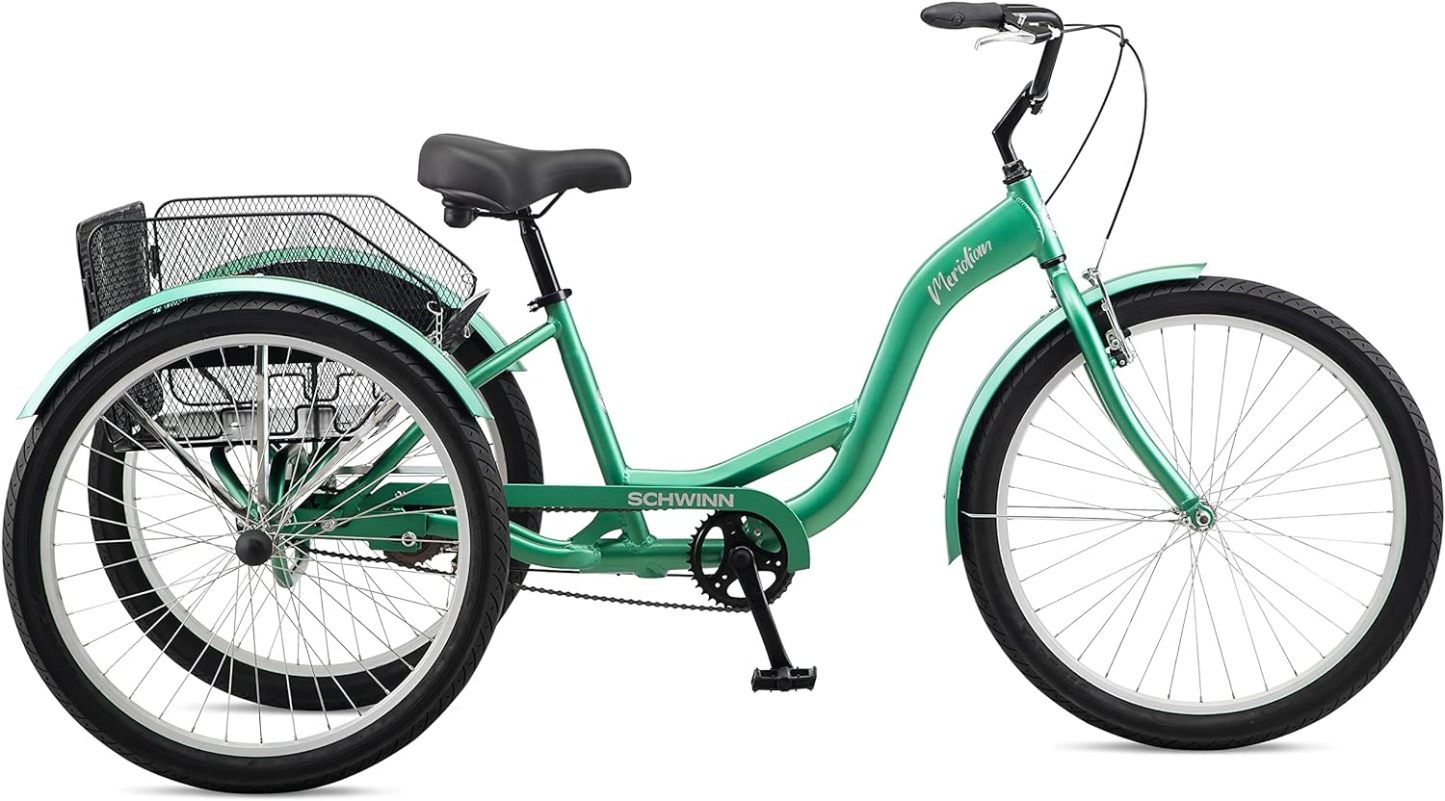 Schwinn Meridian Adult Tricycle Bike, Three Wheel Beach Cruiser, 24 & 26-Inch Wheels, Low Step-Through Aluminum Frame, Adjustable Handlebars, Large Cruiser Seat, Rear Folding Basket