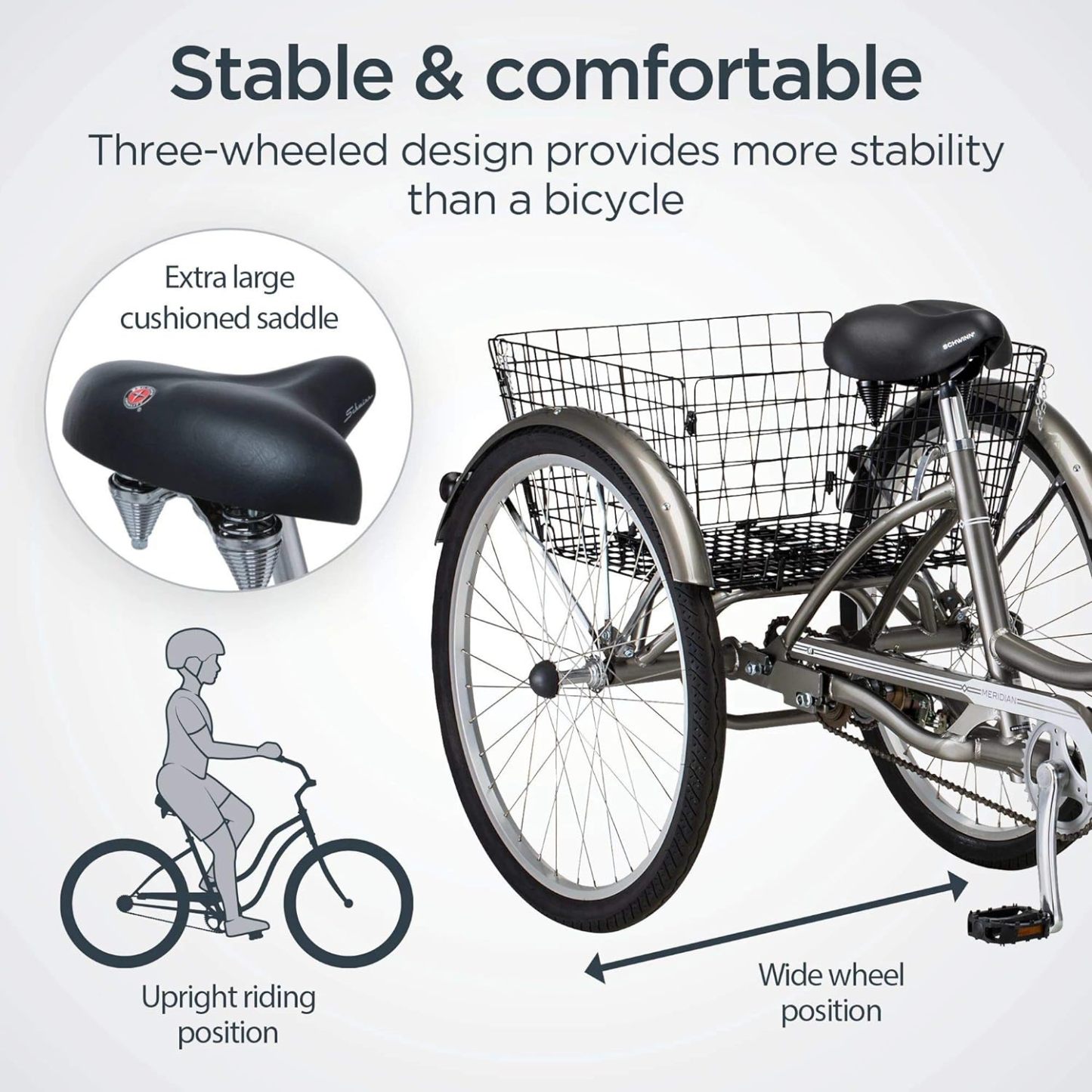 Schwinn Meridian Adult Tricycle Bike, Three Wheel Beach Cruiser, 24 & 26-Inch Wheels, Low Step-Through Aluminum Frame, Adjustable Handlebars, Large Cruiser Seat, Rear Folding Basket