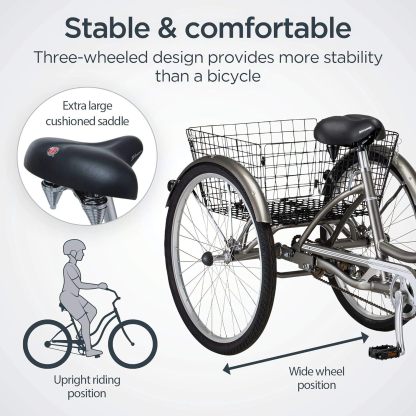 Schwinn Meridian Adult Tricycle Bike, Three Wheel Beach Cruiser, 24 & 26-Inch Wheels, Low Step-Through Aluminum Frame, Adjustable Handlebars, Large Cruiser Seat, Rear Folding Basket
