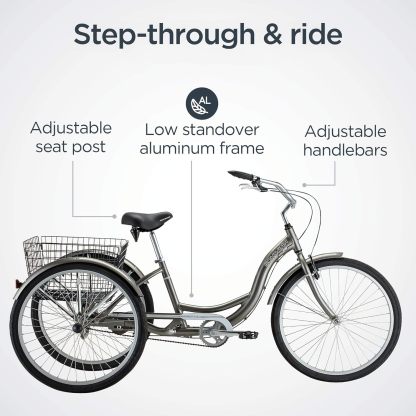 Schwinn Meridian Adult Tricycle Bike, Three Wheel Beach Cruiser, 24 & 26-Inch Wheels, Low Step-Through Aluminum Frame, Adjustable Handlebars, Large Cruiser Seat, Rear Folding Basket